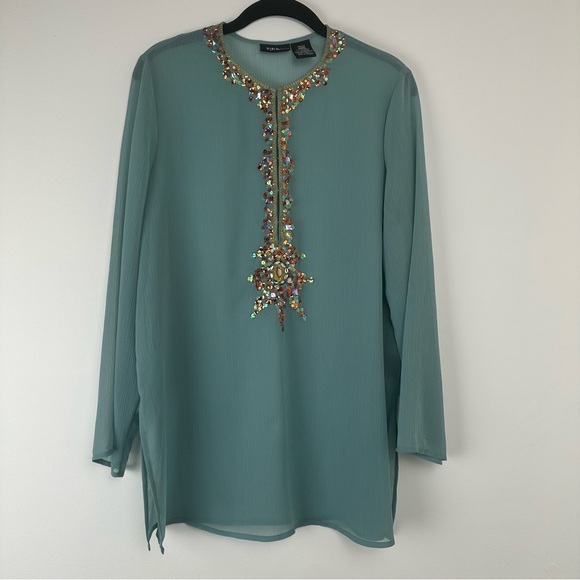 Mix it Petite Women’s Top Size Large Green Sheer Embroidered Sequin Maximalist - Picture 1 of 10
